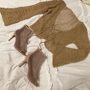 Tan Mesh Knit Top and Heels Set